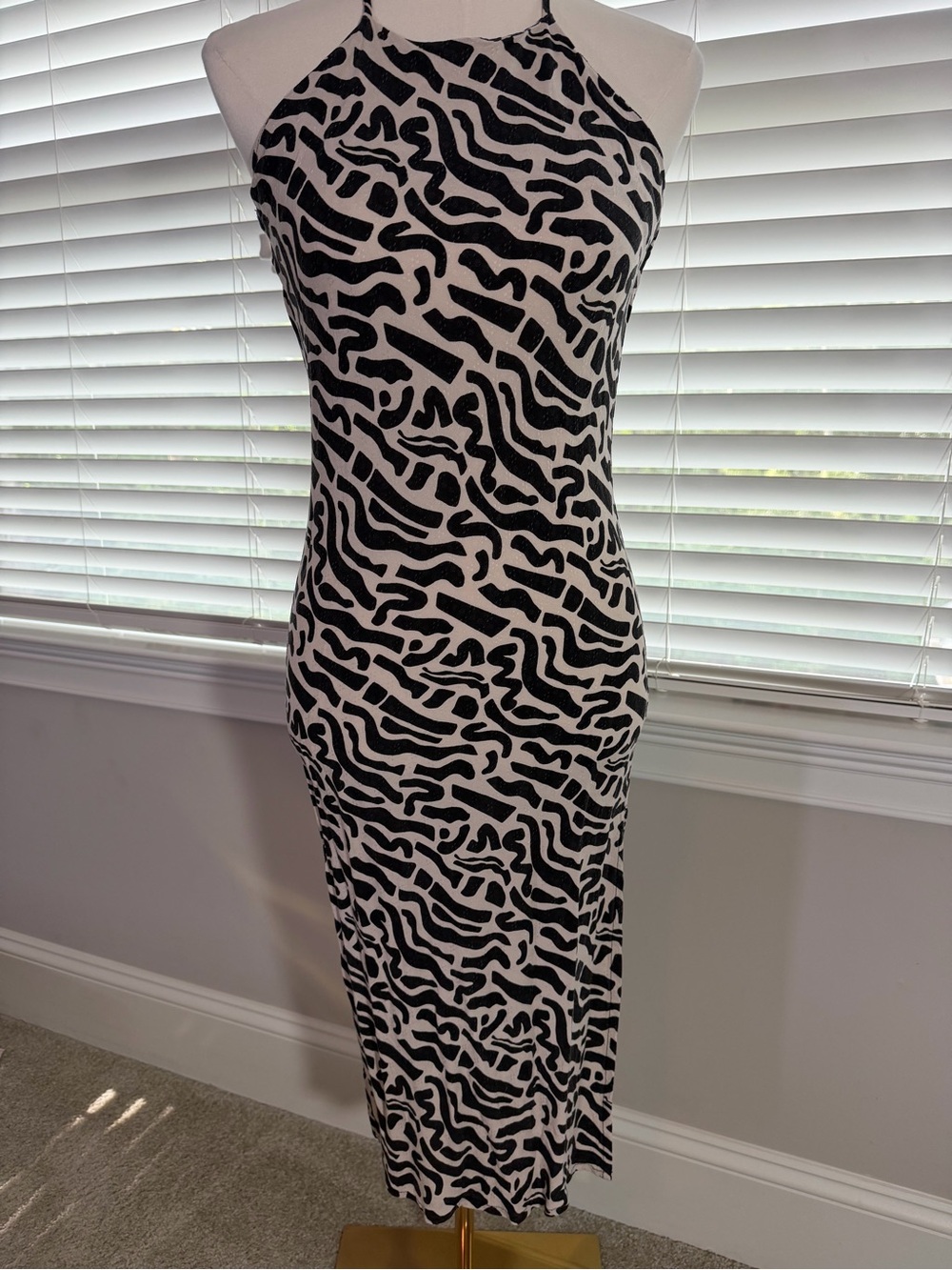 Halter Maxi Dress in Black & White Abstract Print